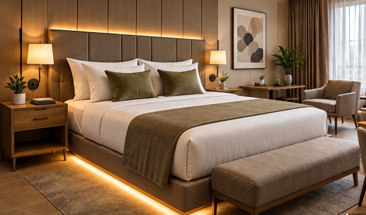 Habitación de hotel con cabecero tapizado, mobiliario en madera e iluminación cálida
